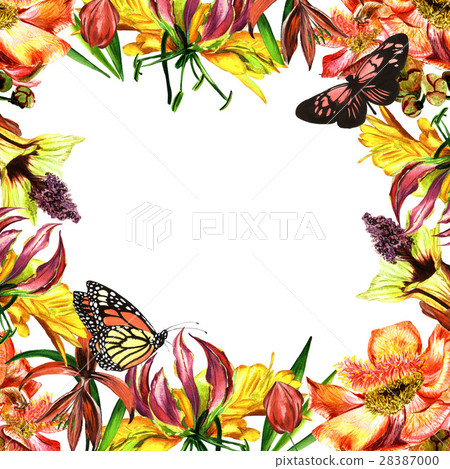 Tropical Hawaii leaves and flowers frame in a 28387000