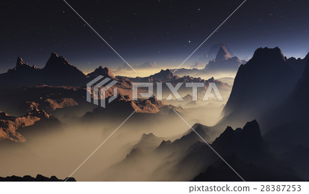 Sunset Martian landscape and night sky with stars Sunset Martian landscape and night sky with stars 28387253