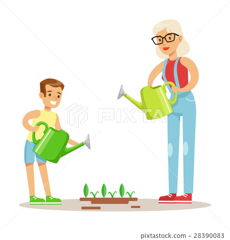 Grandmother And Boy Watering Plants, Part Of 28390083