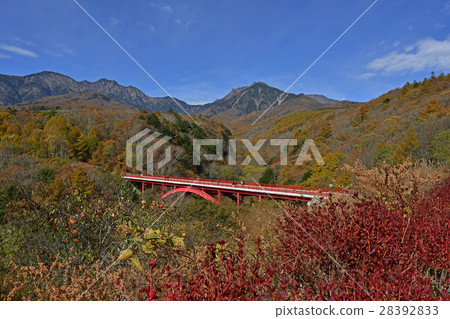 Autumnal leaves Yatsugatake and red bridge Autumnal leaves Yatsugatake and red bridge 28392833