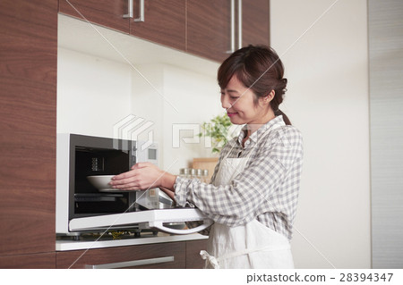 Women who stand in the kitchen and use a microwave 28394347