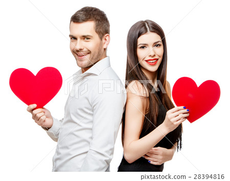 Young beautiful couple with present isolated on 28394816