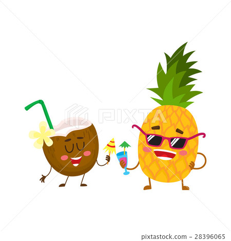 Funny pineapple and coconut characters drinking Funny pineapple and coconut characters drinking 28396065