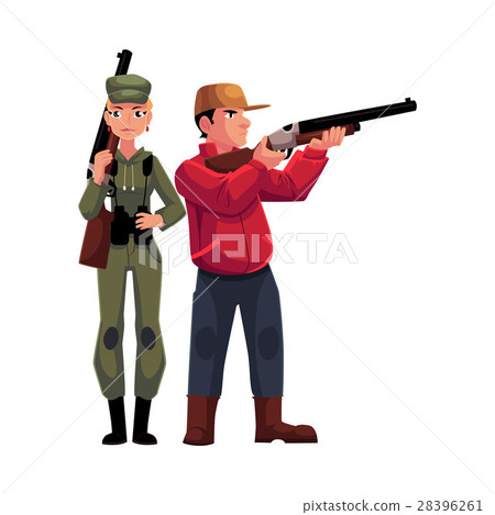 Two typical hunters, male and female, standing 28396261
