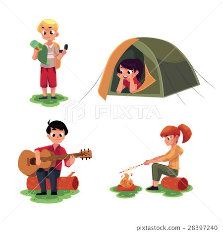 Kids studying map, in camping tent, playing guitar Kids studying map, in camping tent, playing guitar 28397240