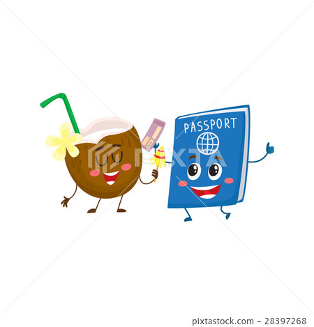 Funny passport and coconut characters, travelling Funny passport and coconut characters, travelling 28397268