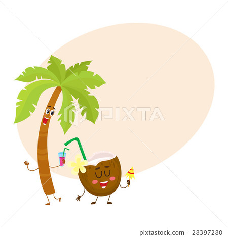 Funny palm tree and coconut characters, travelling 28397280