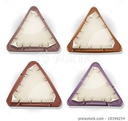Torn Paper Signs On Stone And Wood Triangles 28399254
