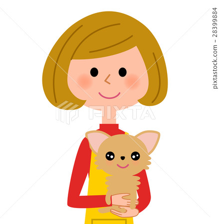 A woman in an apron embracing a dog A woman in an apron embracing a dog 28399884