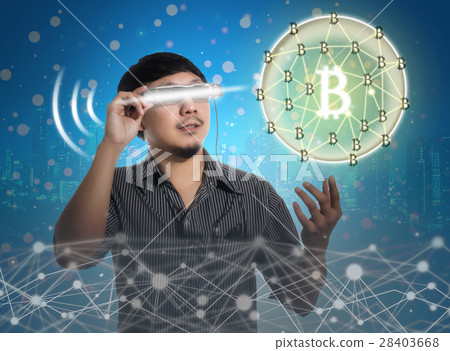 Man wearing smart high tech glasses and looking for Block chain icon and Distributed computer network with Hand of businessman holding the icon, business technology concept Man wearing smart high tech glasses and looking for Block chain icon and Distributed computer network with Hand of businessman holding the icon, business technology concept 28403668