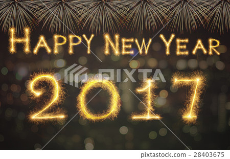 Happy new year 2017 written with Sparkle firework on black background, celebration and greeting cards concept Happy new year 2017 written with Sparkle firework on black background, celebration and greeting cards concept 28403675