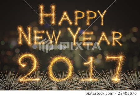 Happy new year 2017 written with Sparkle firework on black background, celebration and greeting cards concept Happy new year 2017 written with Sparkle firework on black background, celebration and greeting cards concept 28403676