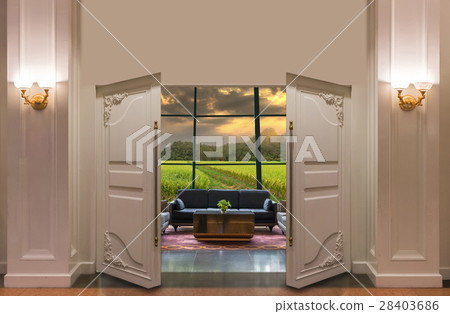 Open door in the Lobby area of a hotel which can see Rice field with mountain background under fantastic sun light sky, dicut each elements 28403686