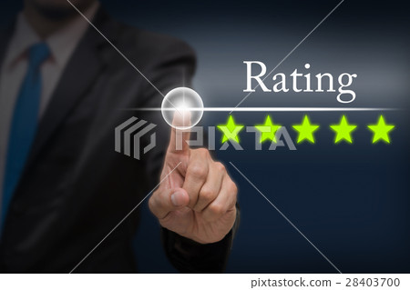 Businessman pointing five star button to increase rating of hotel on dark blue tone background, business evaluation concept, Increase rating 28403700