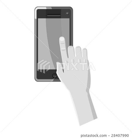 Hand works on phone icon, gray monochrome style 28407990