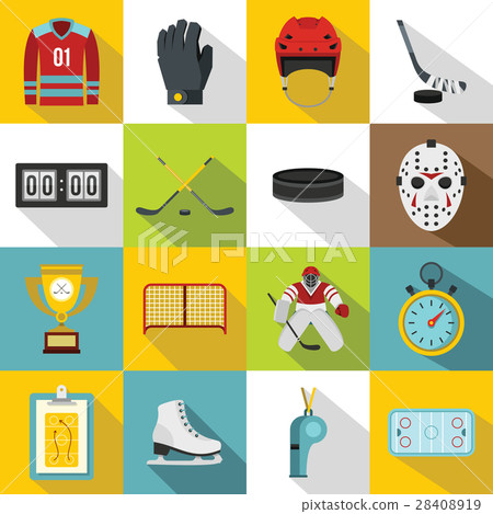 Hockey icons set, flat style 28408919