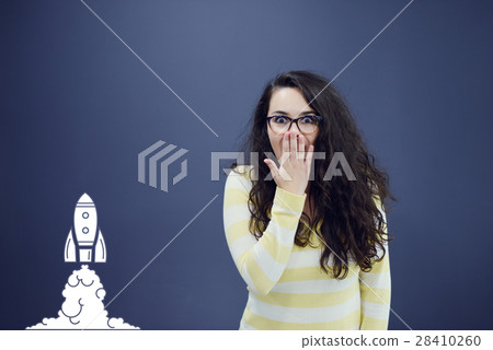 Cheerful young woman with background with drawn Cheerful young woman with background with drawn 28410260