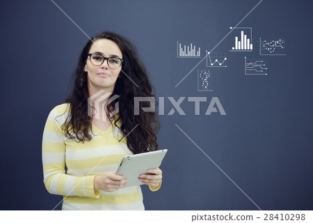 Cheerful young woman with background with drawn Cheerful young woman with background with drawn 28410298