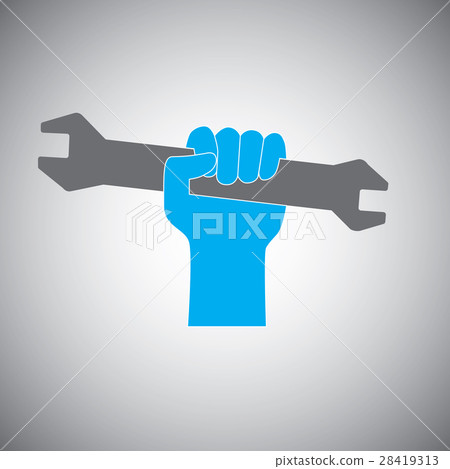 Hand holding open-end fixed wrench icon logo 28419313