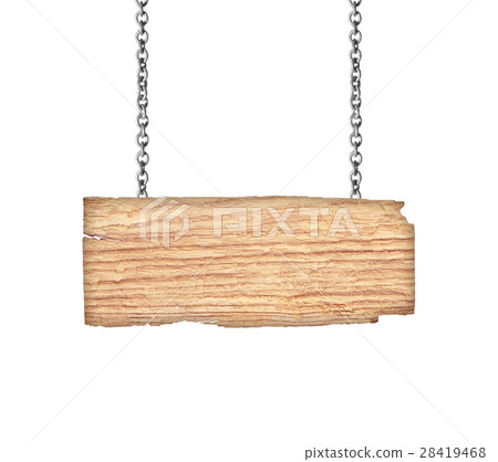 Wooden sign hanging on a chain isolated on white 28419468