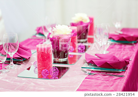 Table set for wedding or event party in pink, rose Table set for wedding or event party in pink, rose 28421954