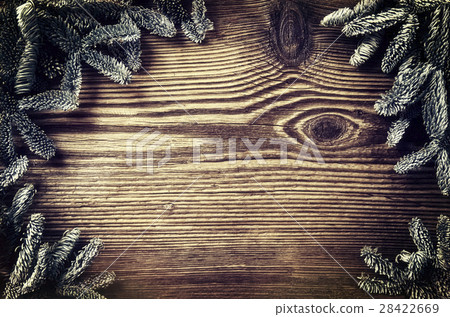 wooden board with fir brunches wooden board with fir brunches 28422669