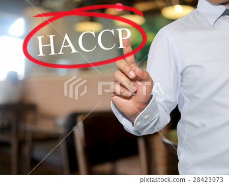 Hand of man touching text HACCP with white. 28423973