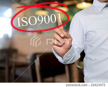 Hand of man touching text ISO9001 with white color 28423975