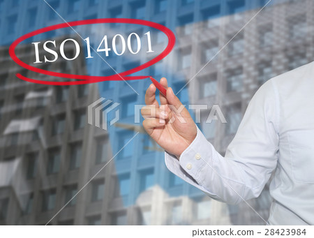 Hand of young businessman write the word ISO 14001 Hand of young businessman write the word ISO 14001 28423984