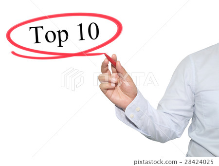 Hand of man write text Top 10 with black color. 28424025