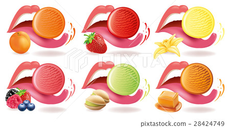 ice cream lying on tongue with different fruits 28424749