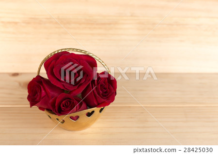 Red rose in gold basket, Valentines Day 28425030
