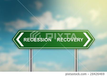 recession and recovery on green road sign recession and recovery on green road sign 28426469