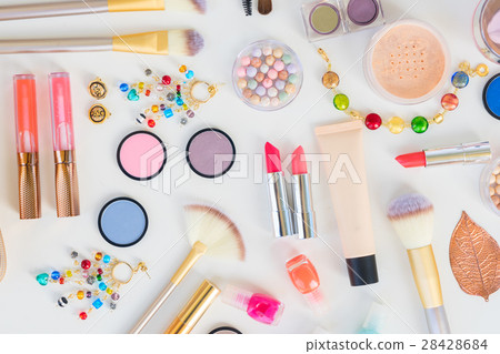 Colorful make up flat lay scene 28428684