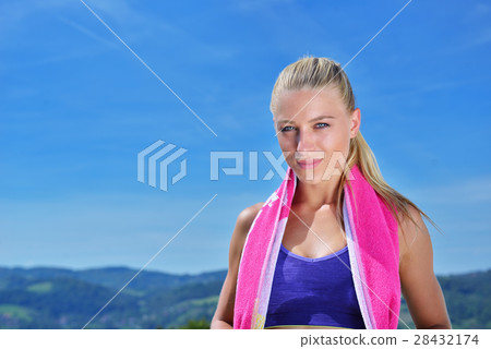 Sweaty fitness woman tired after training. Sweaty fitness woman tired after training. 28432174