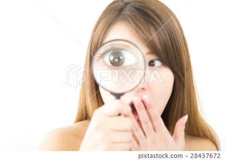 放大鏡美女形象通用令人驚訝的Bikkuri震動動態發現看著相機 28437672