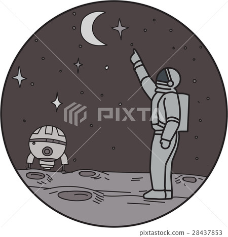 Astronaut Pointing Stars Moon Shuttle Mono Line 28437853
