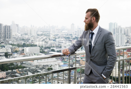 Caucasian Business Man Standing Railings City View Caucasian Business Man Standing Railings City View 28441563