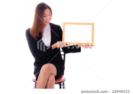 Happy asian business woman holding banner. Happy asian business woman holding banner. 28446553
