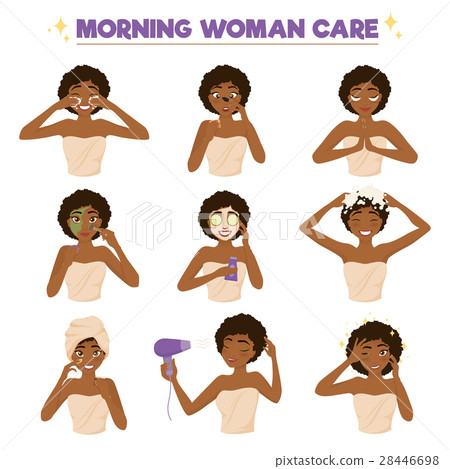 Afro American Woman Morning Routine Icon Set 28446698