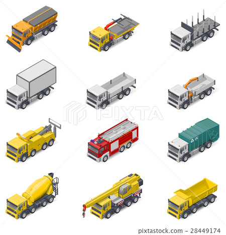 Commercial, construction, service trucks icon set 28449174