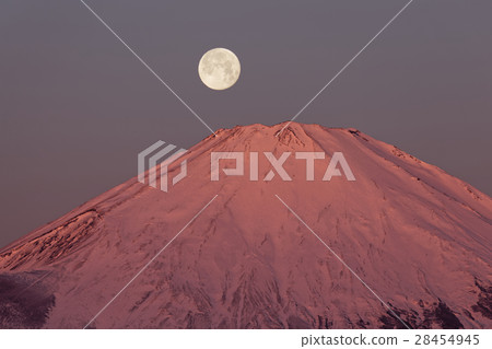 Mt. Fuji and full moon in the morning glow seen from Hakone · Yakura dake 28454945