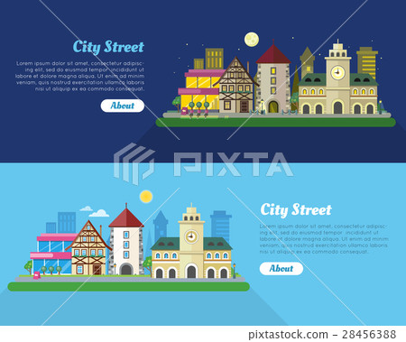 Day and Night City Street Flat Vector Banner Day and Night City Street Flat Vector Banner 28456388