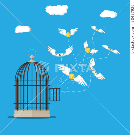Open cage with flying dollar bills and coins Open cage with flying dollar bills and coins 28457926