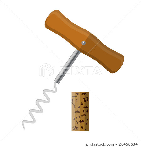 Corkscrew with wooden handle and wine cork. Corkscrew with wooden handle and wine cork. 28458634