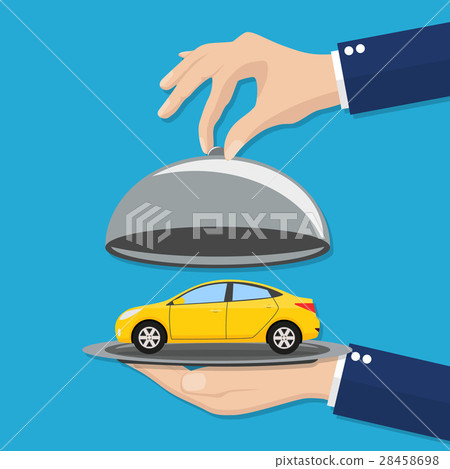 Hand opens serve cloche with yellow car inside 28458698