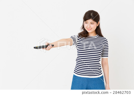 A woman with a TV remote control 28462703