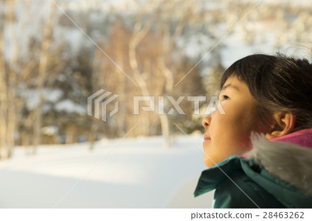 觀看與一個多雪的場面的孩子日落 觀看與一個多雪的場面的孩子日落 28463262