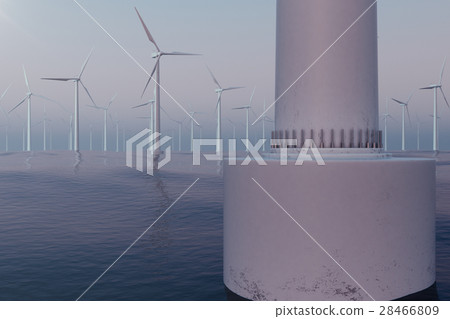 White wind turbines generating electricity in sea White wind turbines generating electricity in sea 28466809