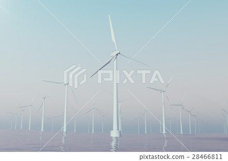 Offshore wind farm turbines caught in sunset sky Offshore wind farm turbines caught in sunset sky 28466811